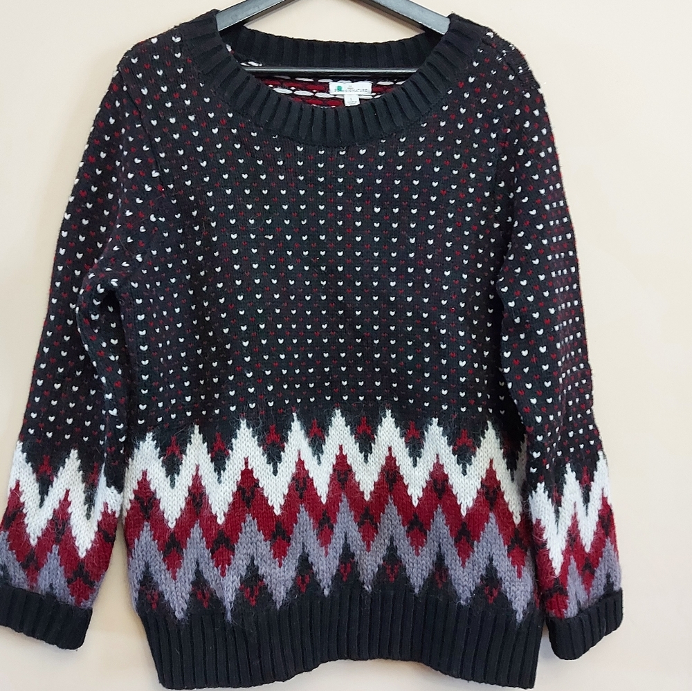 LL Bean Norwegian Sweater Pullover Wool Mohair Blend Size Large Black Red White